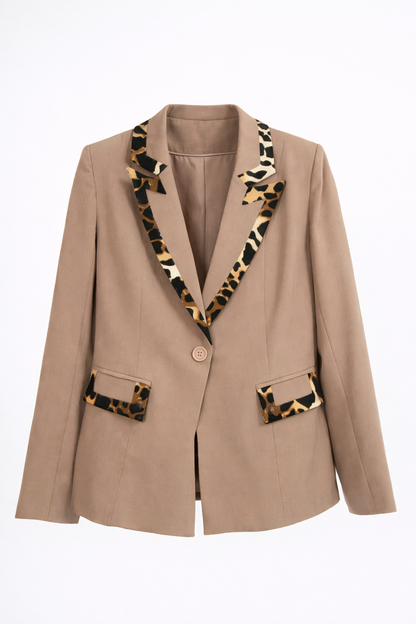 Kayan Tailored Blazer in Taupe with Leopard Trim