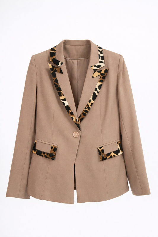 Kayan Tailored Blazer in Taupe with Leopard Trim