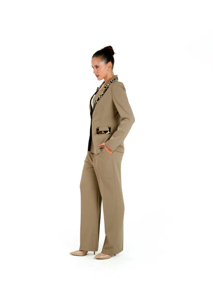 Kayan Tailored Blazer in Taupe with Leopard Trim